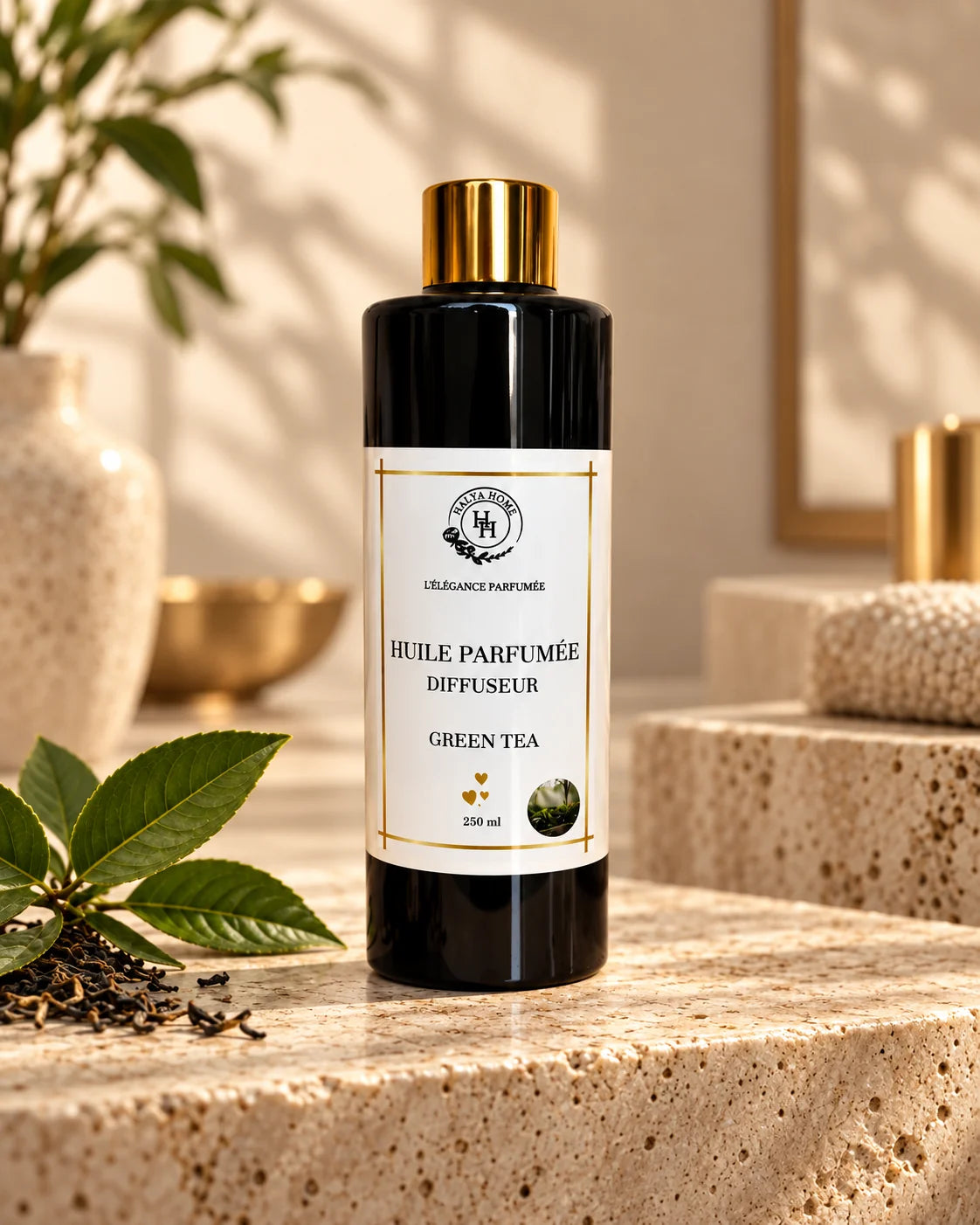 Les huiles HALYA HOME — mise en scène sur pierre claire
