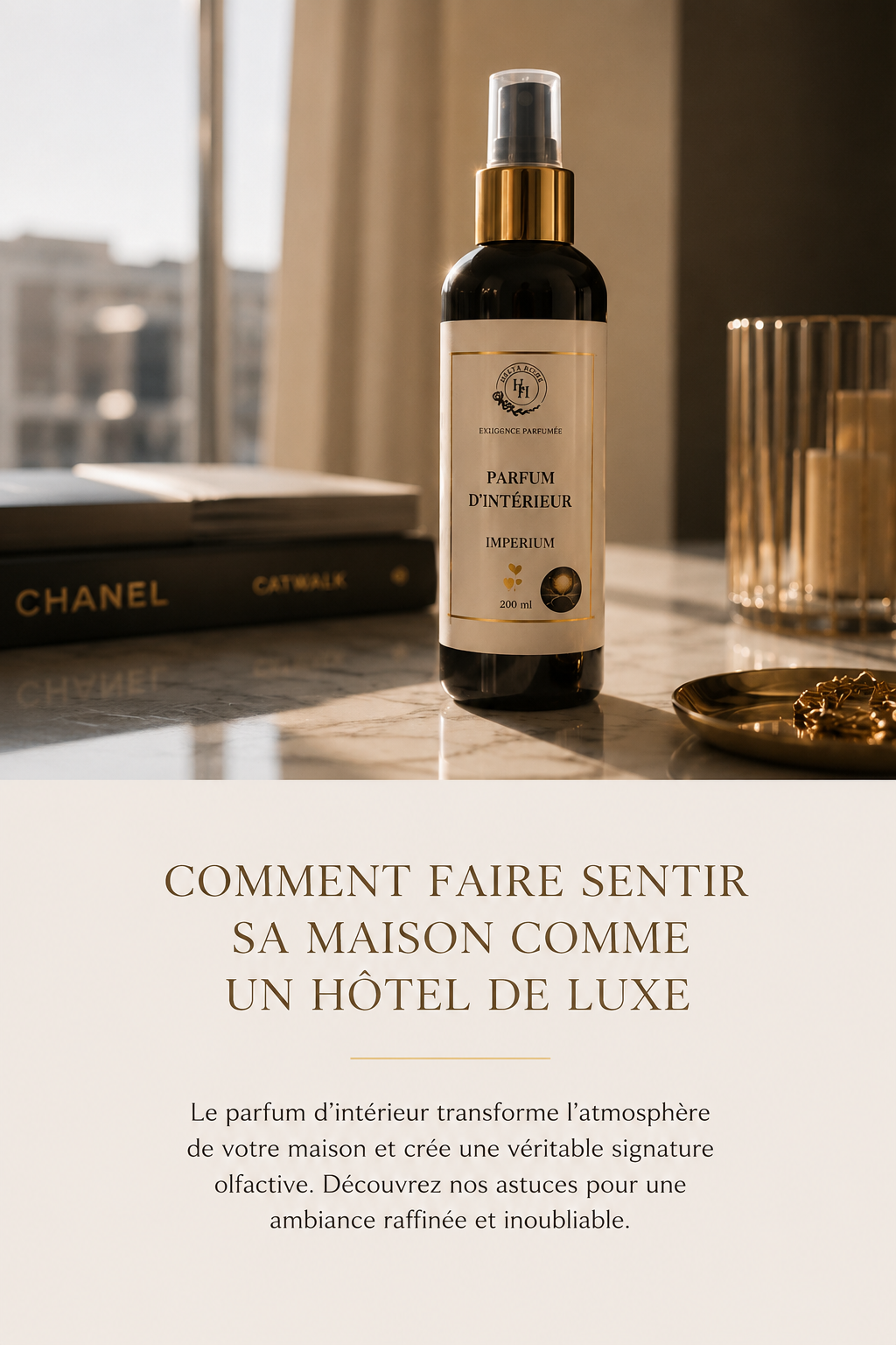 Parfum d’intérieur Halya Home dans une ambiance élégante inspirée des hôtels de luxe avec décoration beige et dorée
