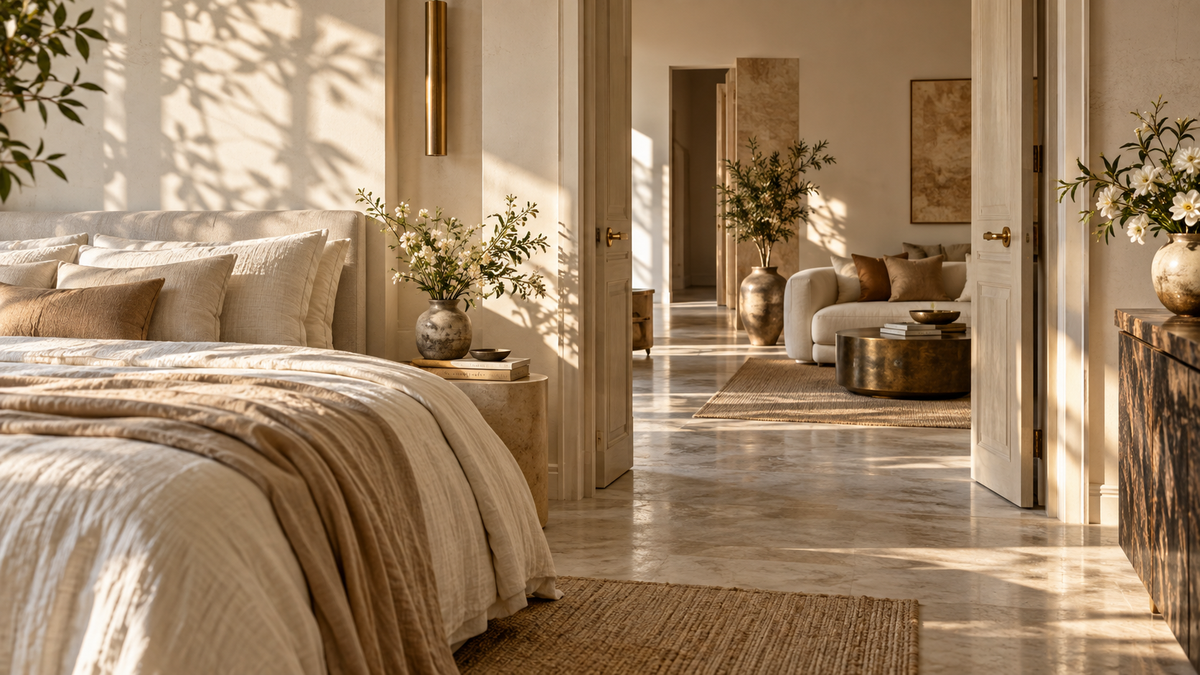 Chambre lumineuse ouverte sur un salon chaleureux dans les tons sable et crème