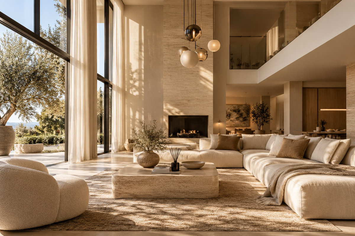 Salon contemporain beige avec grande hauteur sous plafond et lumière naturelle