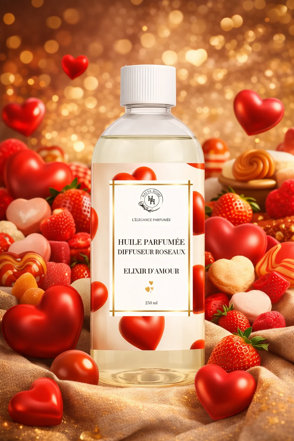 Élixir d’Amour, un parfum d’intérieur fruité, sucré et gourmand signé Halya Home, pensé pour créer une atmosphère douce, chaleureuse et réconfortante.