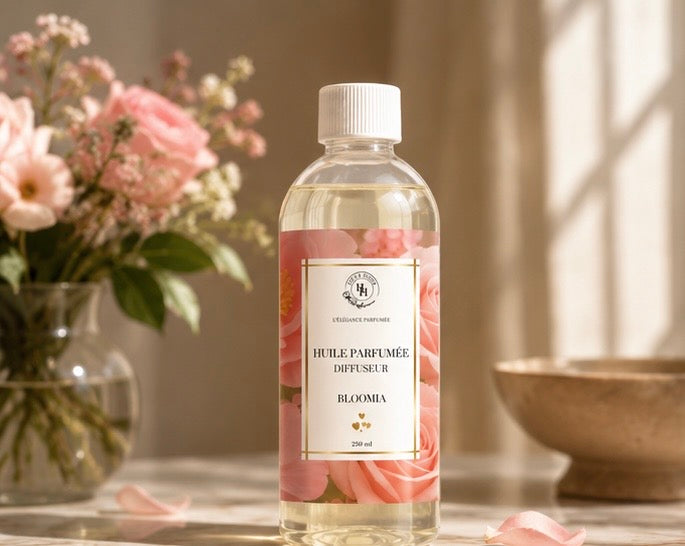 Huile Bloomia diffusant une fragrance florale élégante dans un intérieur raffiné