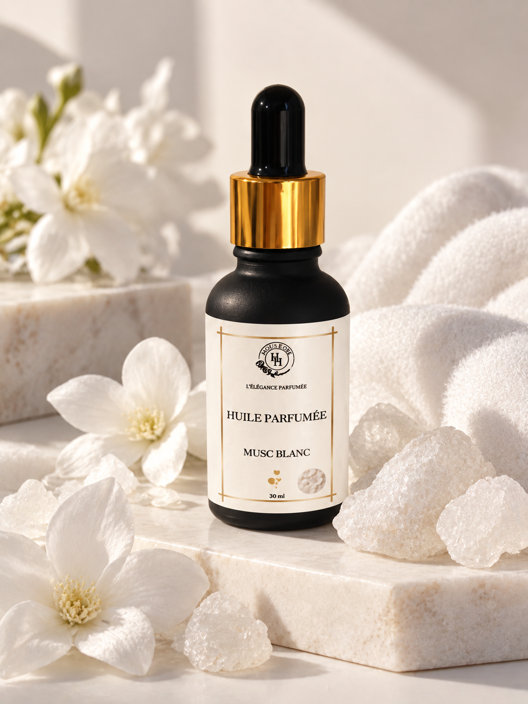 Huile senteur musc blanc en 30ml. Senteur fraîche et pure. Linge frais 