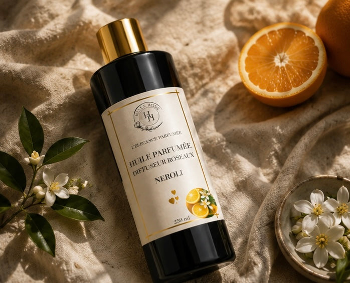 Flacon huile parfumée Néroli design premium et sophistiqué
