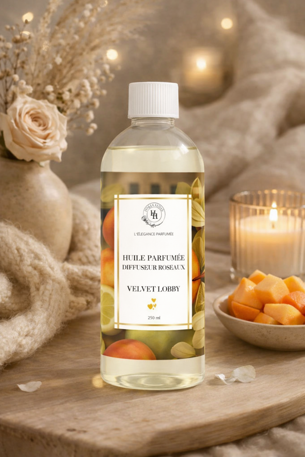 Huile diffuseur à roseaux Velvet Lobby Halya Home, parfum d’intérieur chaleureux et sophistiqué inspiré des hôtels de luxe