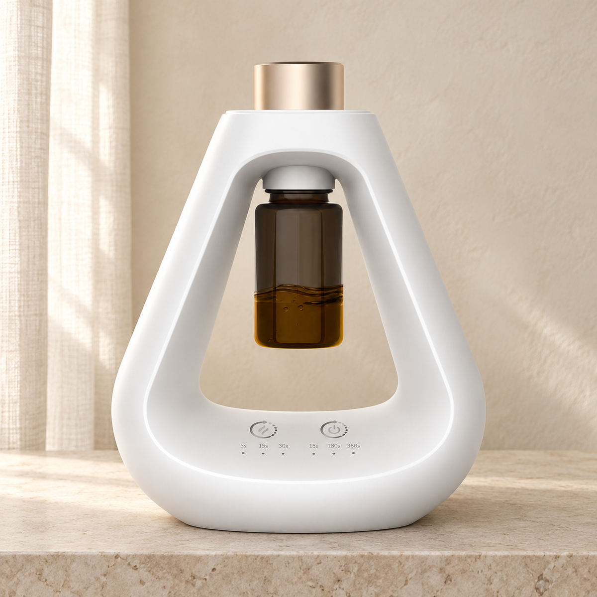 Diffuseur électrique Halya Essence One blanc avec flacon ambré suspendu, posé sur une console en pierre claire.
