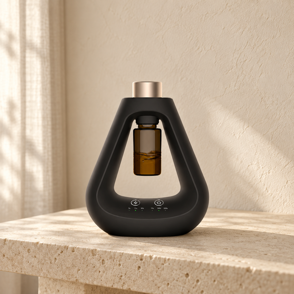 Diffuseur électrique Halya Essence One noir avec flacon ambré suspendu, sur une console en pierre claire.