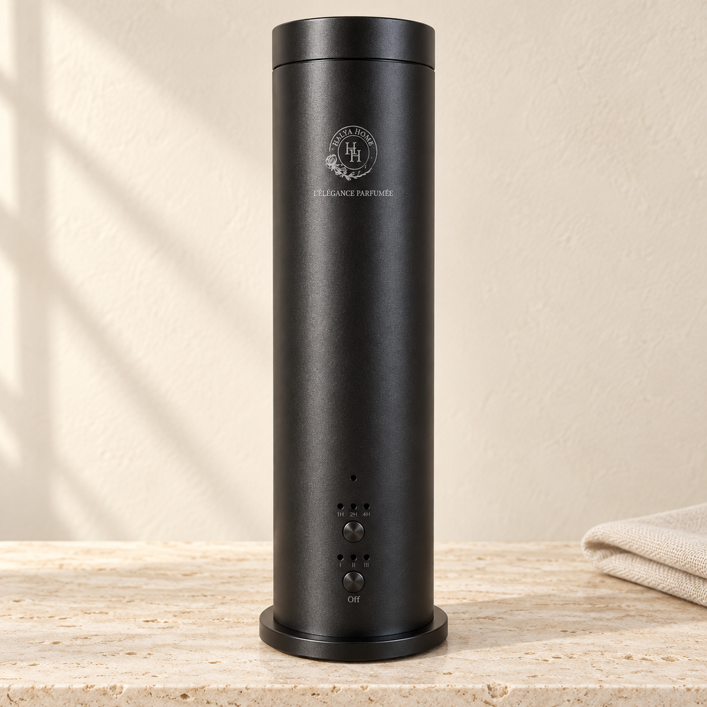 Diffuseur électrique Halya Sora noir avec logo Halya Home et deux boutons en façade, posé sur du travertin clair dans un décor ivoire.