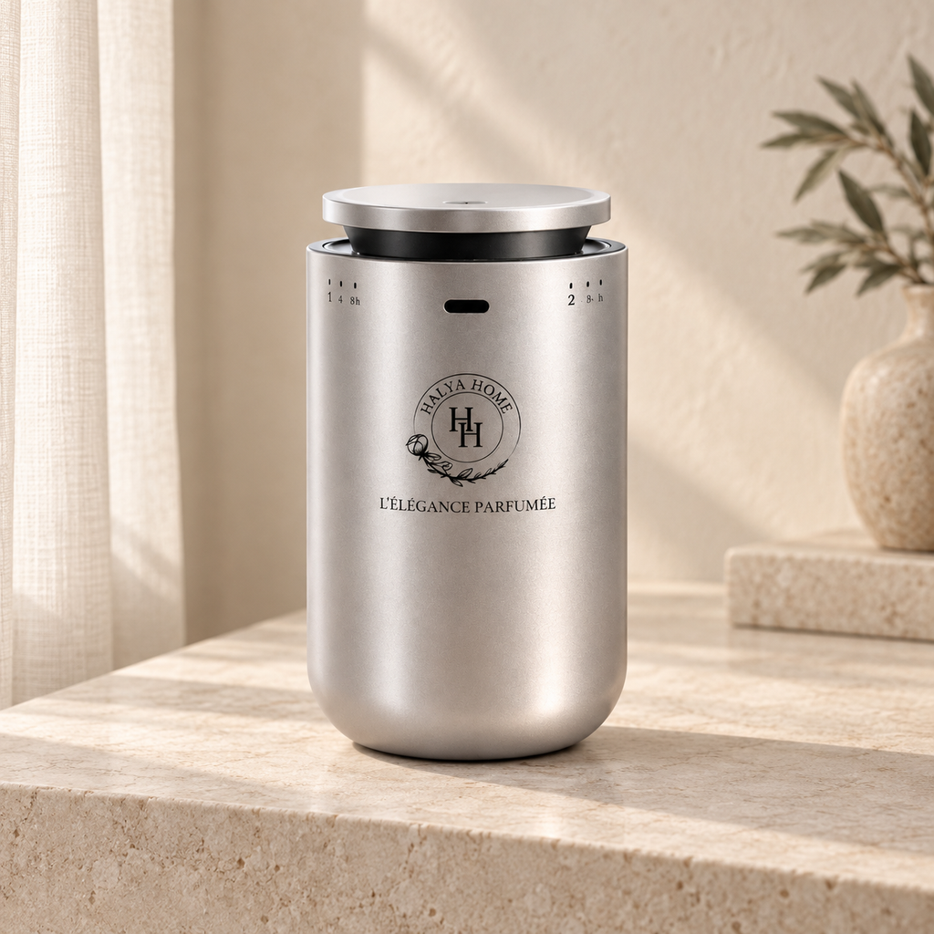 Diffuseur portable Halya Aura Mini argenté sur une console en pierre claire, dans un décor ivoire.