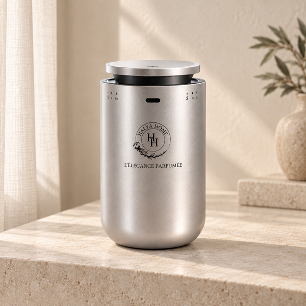 Diffuseur portable Halya Aura Mini argenté sur une console en pierre claire, dans un décor ivoire.