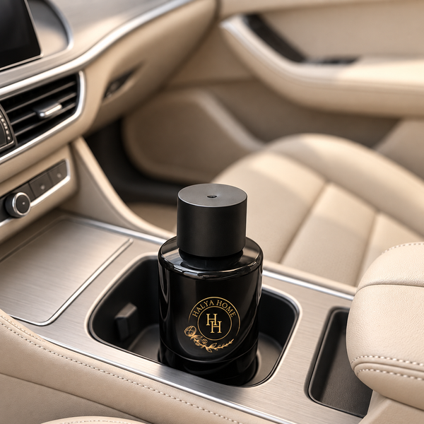 Diffuseur de voiture Halya Car noir avec logo doré, installé dans le porte-gobelet d’un habitacle beige.