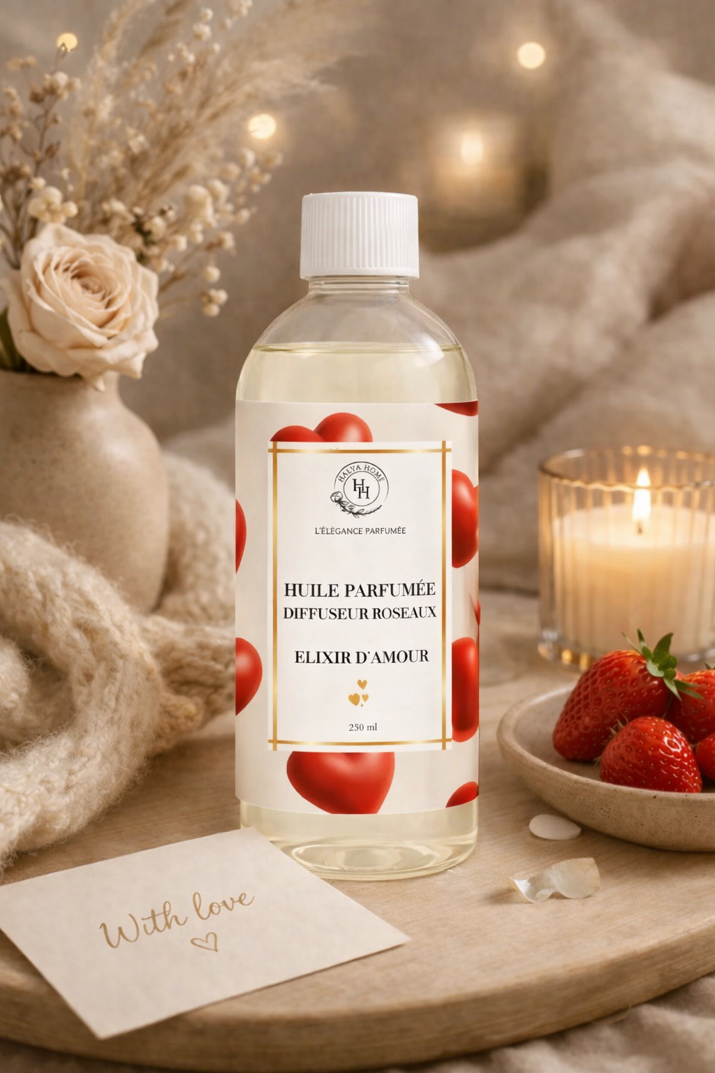 Huile diffuseur à roseaux Élixir d’Amour Halya Home, parfum d’intérieur sensuel et élégant