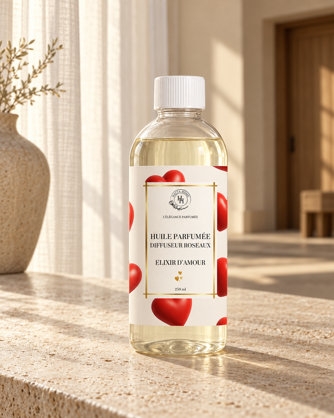 Huile pour roseaux Élixir d’Amour Halya Home 250 ml dans un intérieur beige à la lumière naturelle