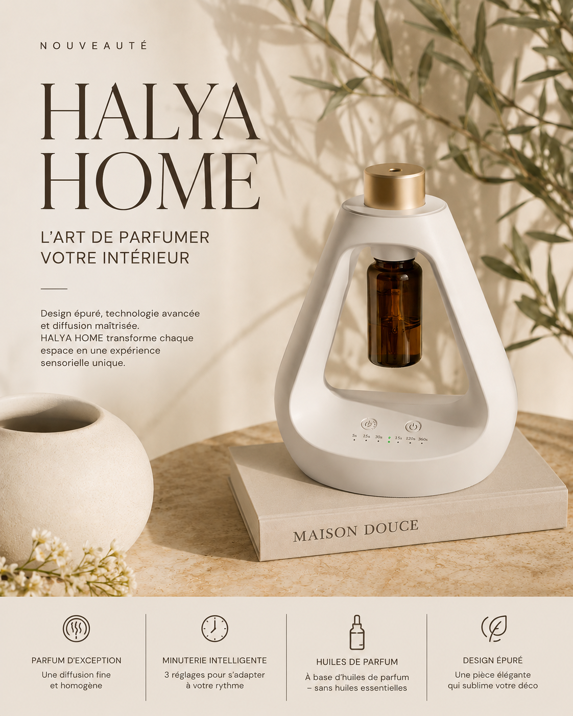 Diffuseur électrique HALYA ESSENCE ONE Halya Home - design épuré beige et doré