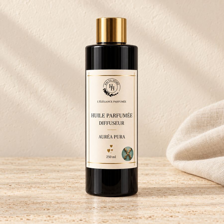 Huile parfumée Auréa Pura Halya Home pour diffuseur électrique, flacon noir de 250 ml à bouchon doré sur du travertin dans un décor ivoire.