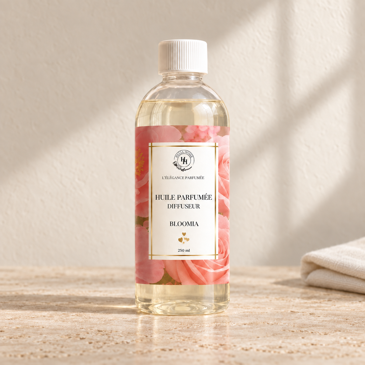 Huile parfumée Bloomia Halya Home pour diffuseur électrique, flacon transparent de 250 ml à bouchon blanc et étiquette florale rose sur du travertin clair.