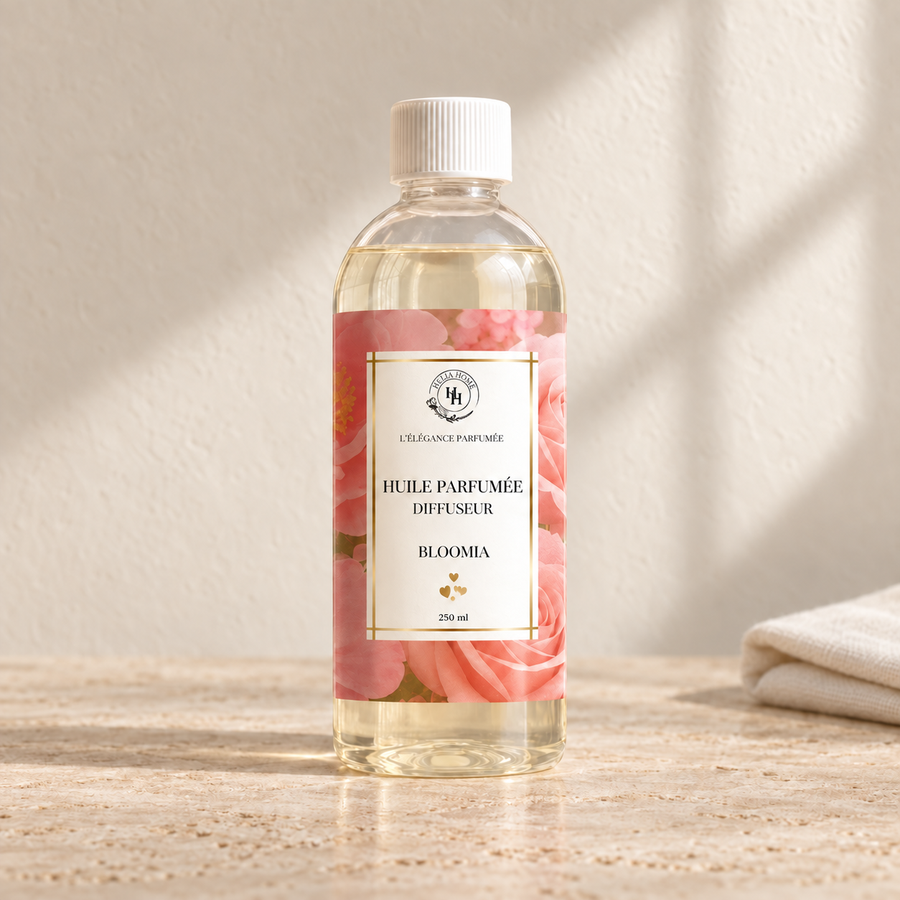 Huile parfumée Bloomia Halya Home pour diffuseur électrique, flacon transparent de 250 ml à bouchon blanc et étiquette florale rose sur du travertin clair.