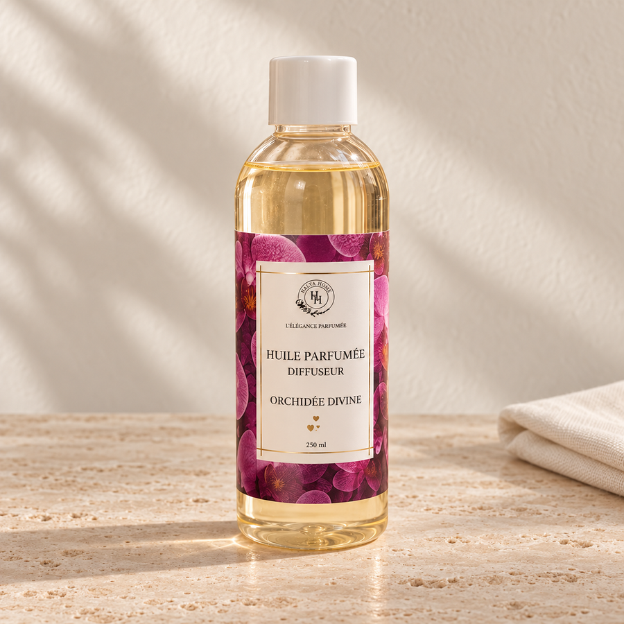 Huile parfumée Orchidée Divine Halya Home pour diffuseur électrique, flacon transparent de 250 ml à bouchon blanc et étiquette florale violette sur du travertin.