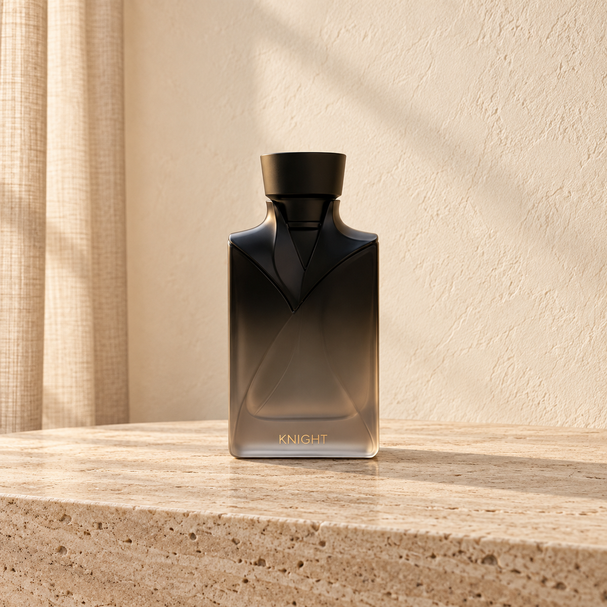 Eau de parfum Knight 90 ml, flacon gris fumé au décor noir sculpté sur une pierre de travertin – Halya Home