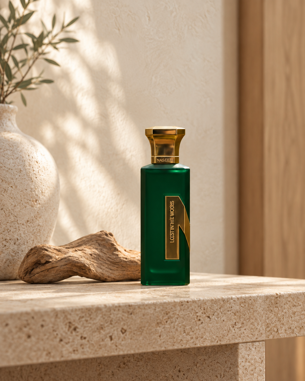 Lost in the Wood Naseem 75 ml, flacon vert et doré sur une console en travertin dans un intérieur aux tons naturels – Halya Home