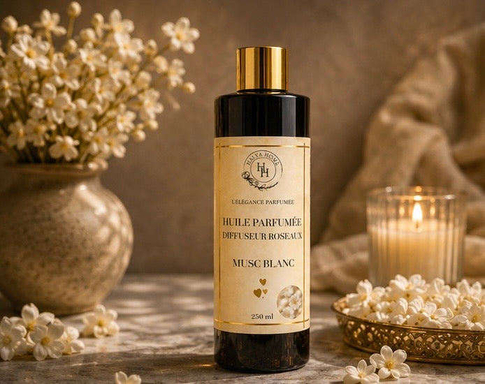 Diffuseur à roseaux Musc Blanc Halya Home – parfum d’intérieur aux notes douces et raffinées