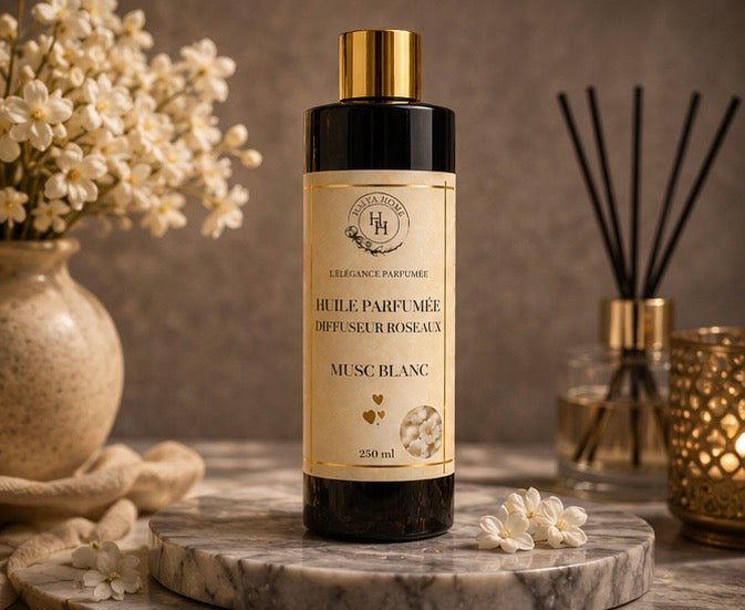 Diffuseur Musc Blanc avec roseaux parfumés au design élégant et premium