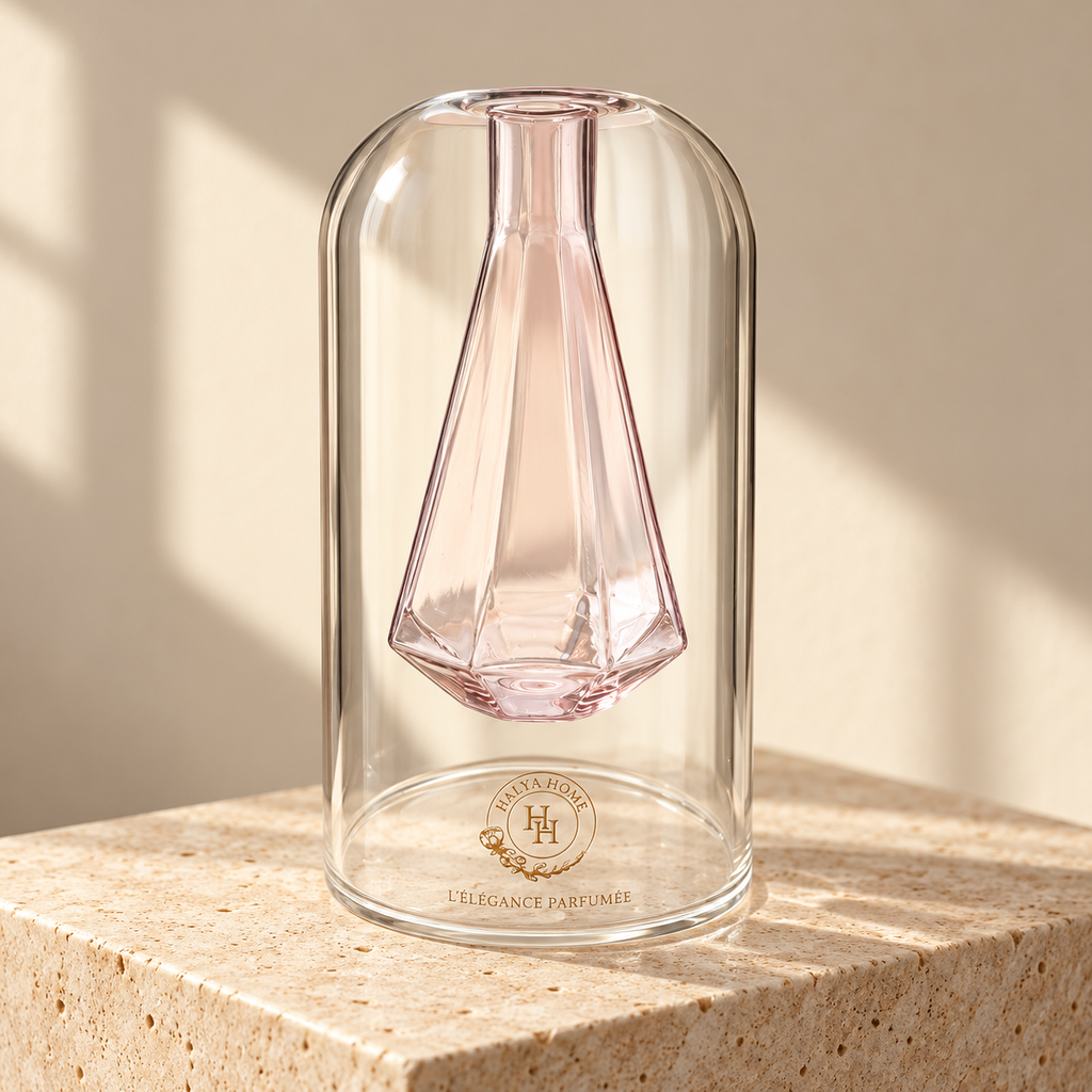 Flacon Sculpt 02 HALYA HOME de 110 ml, avec réservoir intérieur facetté en verre rose, enveloppe transparente et logo doré, posé sur du travertin.