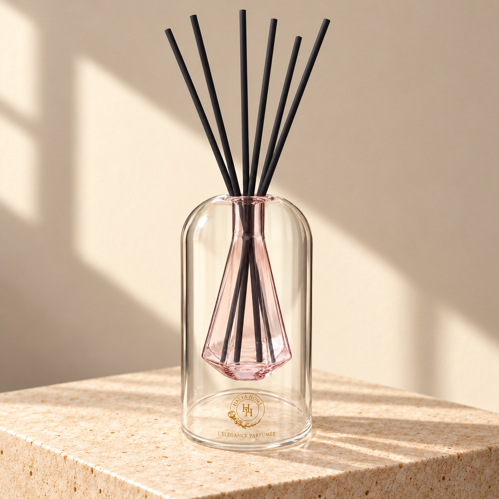 Diffuseur à roseaux Sculpt 02 HALYA HOME de 110 ml, en verre transparent avec réservoir facetté rose et six bâtonnets noirs, sur du travertin.