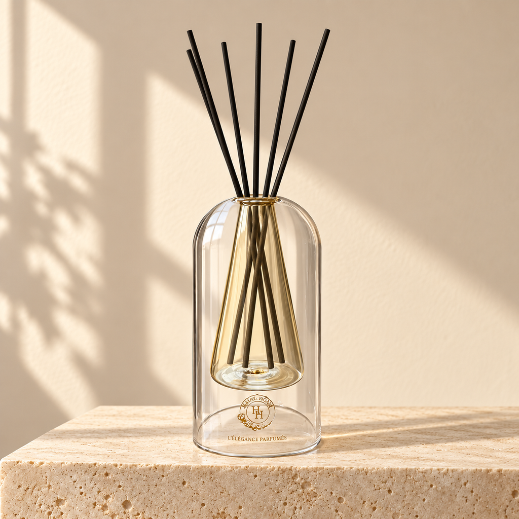 Diffuseur à roseaux Sculpt 03 HALYA HOME de 145 ml, avec réservoir conique en verre jaune champagne et six bâtonnets noirs, sur du travertin.
