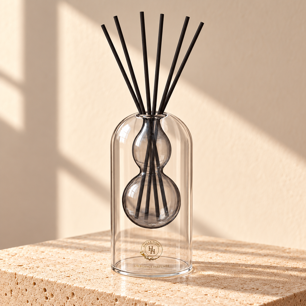 Diffuseur à roseaux Sculpt 04 HALYA HOME de 145 ml, avec réservoir gris fumé à deux volumes arrondis et six bâtonnets noirs, sur du travertin.