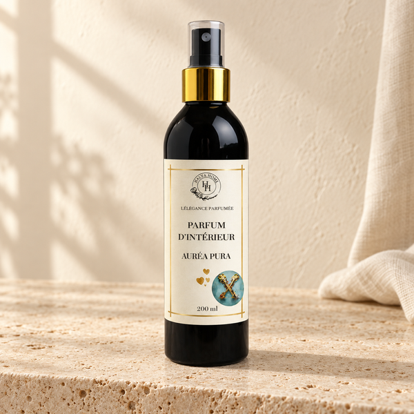 Spray d’intérieur Auréa Pura Halya Home 200 ml, flacon noir avec bague dorée et capuchon transparent sur une pierre claire.