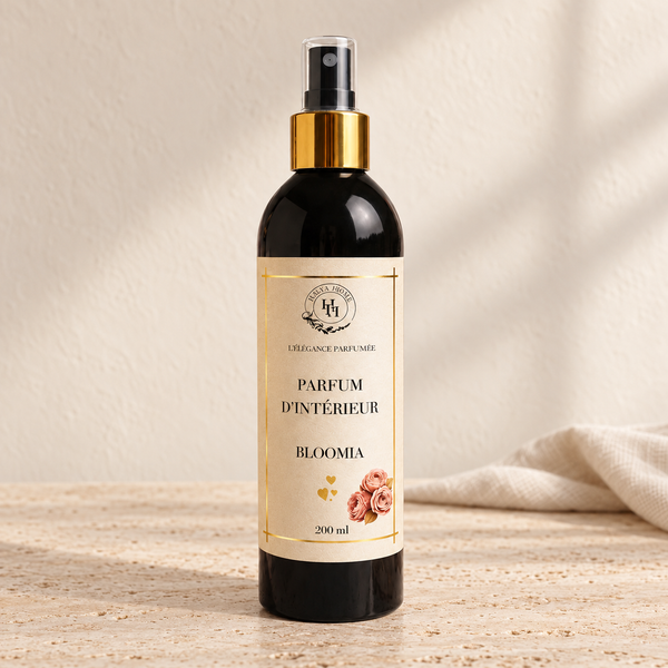 Spray d’intérieur Bloomia Halya Home 200 ml, flacon noir à bague dorée et capuchon transparent sur du travertin clair dans un décor ivoire.