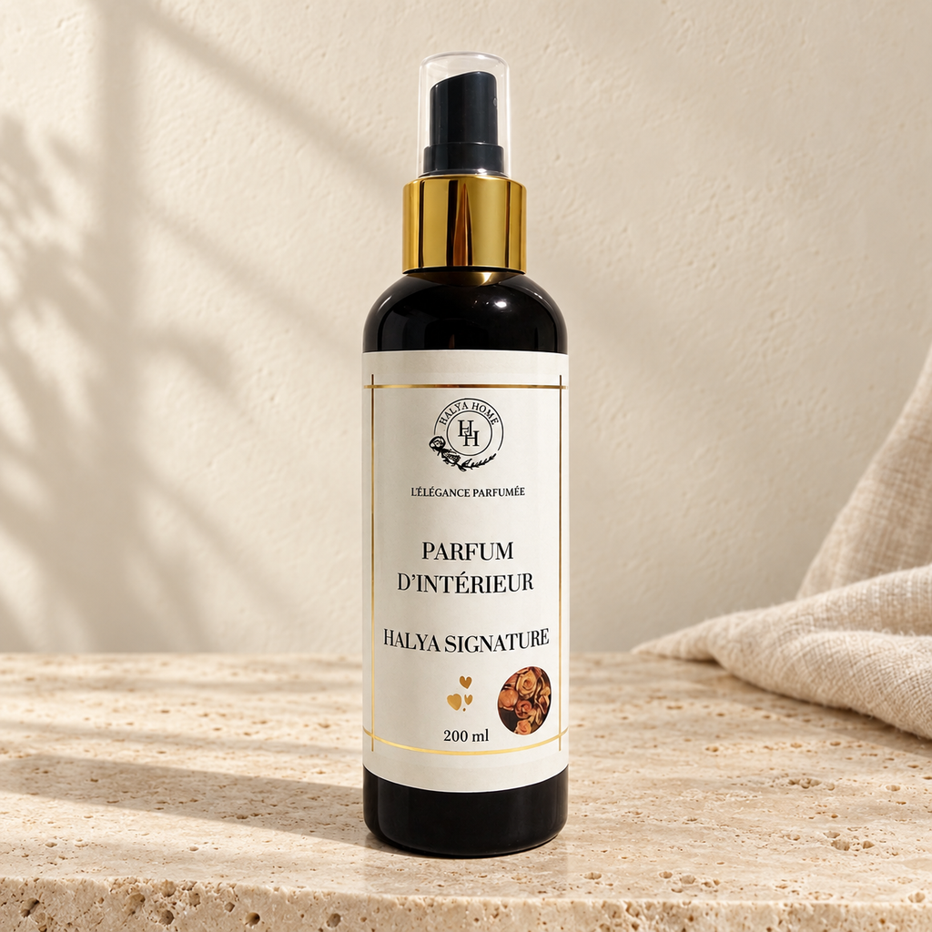 Spray d’intérieur Halya Signature 200 ml, flacon noir à bague dorée sur une console en travertin dans un décor ivoire.